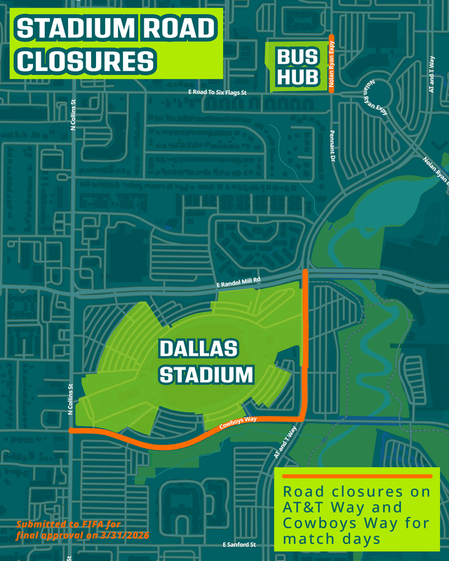 Some roads around AT&T Stadium in Arlington will be closed during the World Cup on match days. The stadium will host nine matches between June 14 and July 14, 2026.